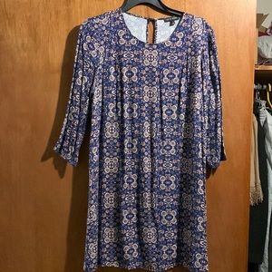 3/4 sleeve blue and orange/peach dress